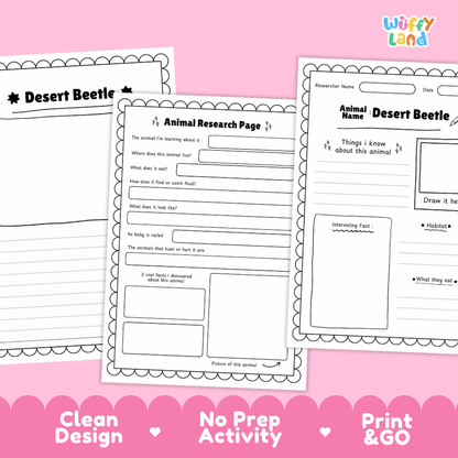 Desert Beetle Animal Research Page and Worksheets