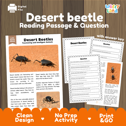 Desert Beetle Reading Passage and Comprehension Questions Worksheets