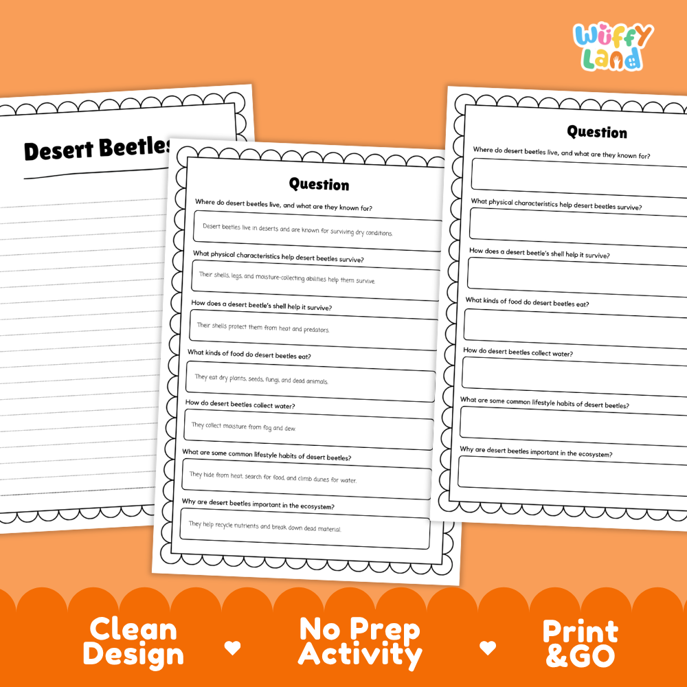 Desert Beetle Reading Passage and Comprehension Questions Worksheets