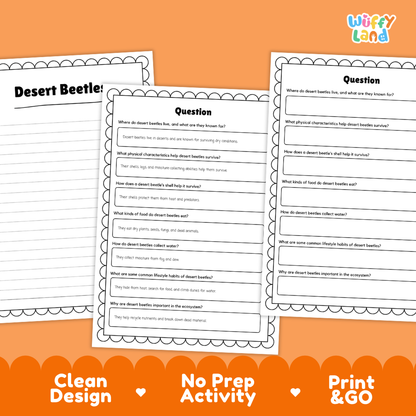 Desert Beetle Reading Passage and Comprehension Questions Worksheets