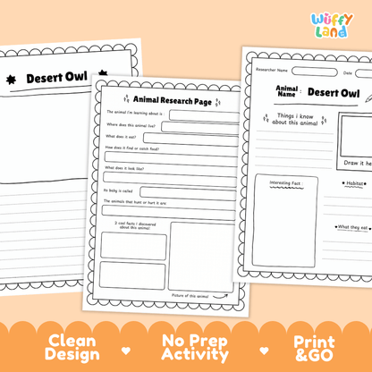 Desert Owl Animal Research Page and Worksheets