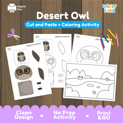 Desert Owl Cut and Paste Craft and Coloring Activity Worksheets