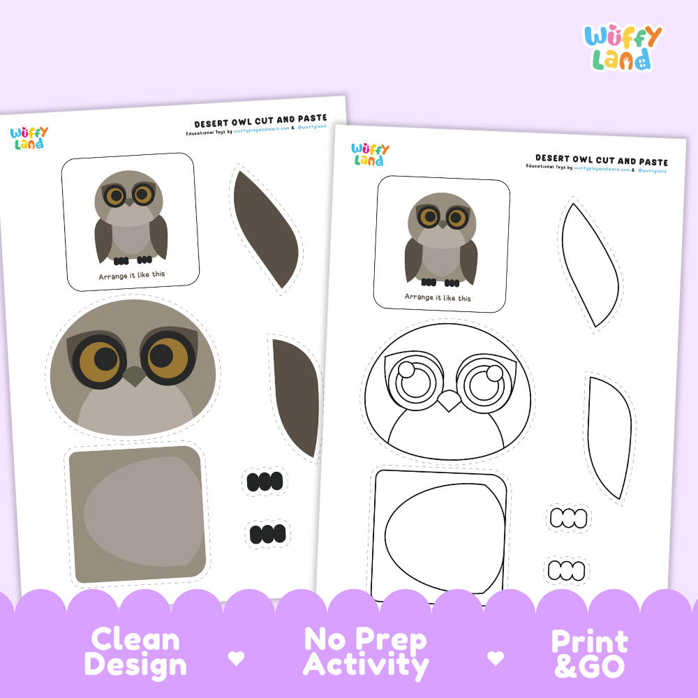 Desert Owl Cut and Paste Craft and Coloring Activity Worksheets