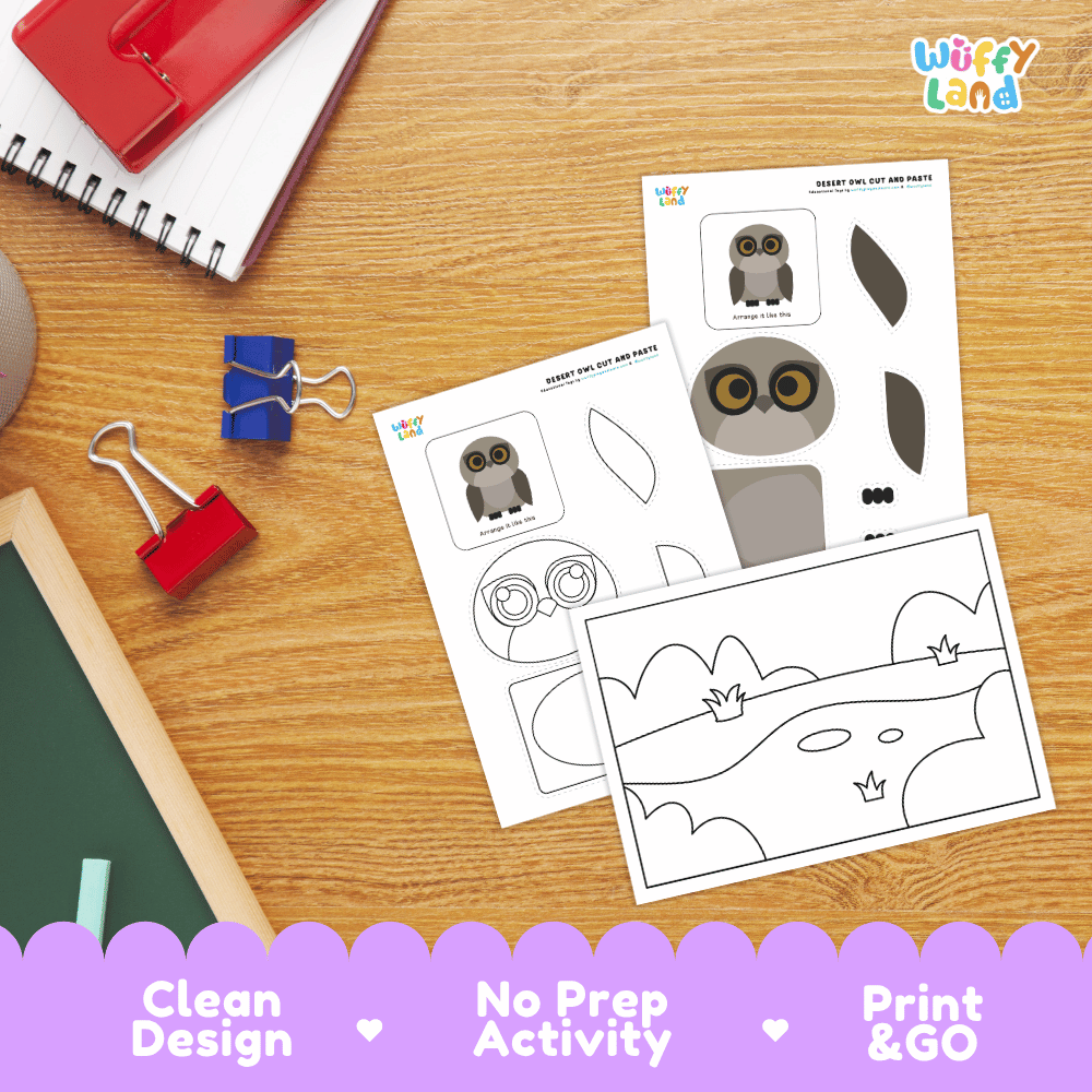 Desert Owl Cut and Paste Craft and Coloring Activity Worksheets