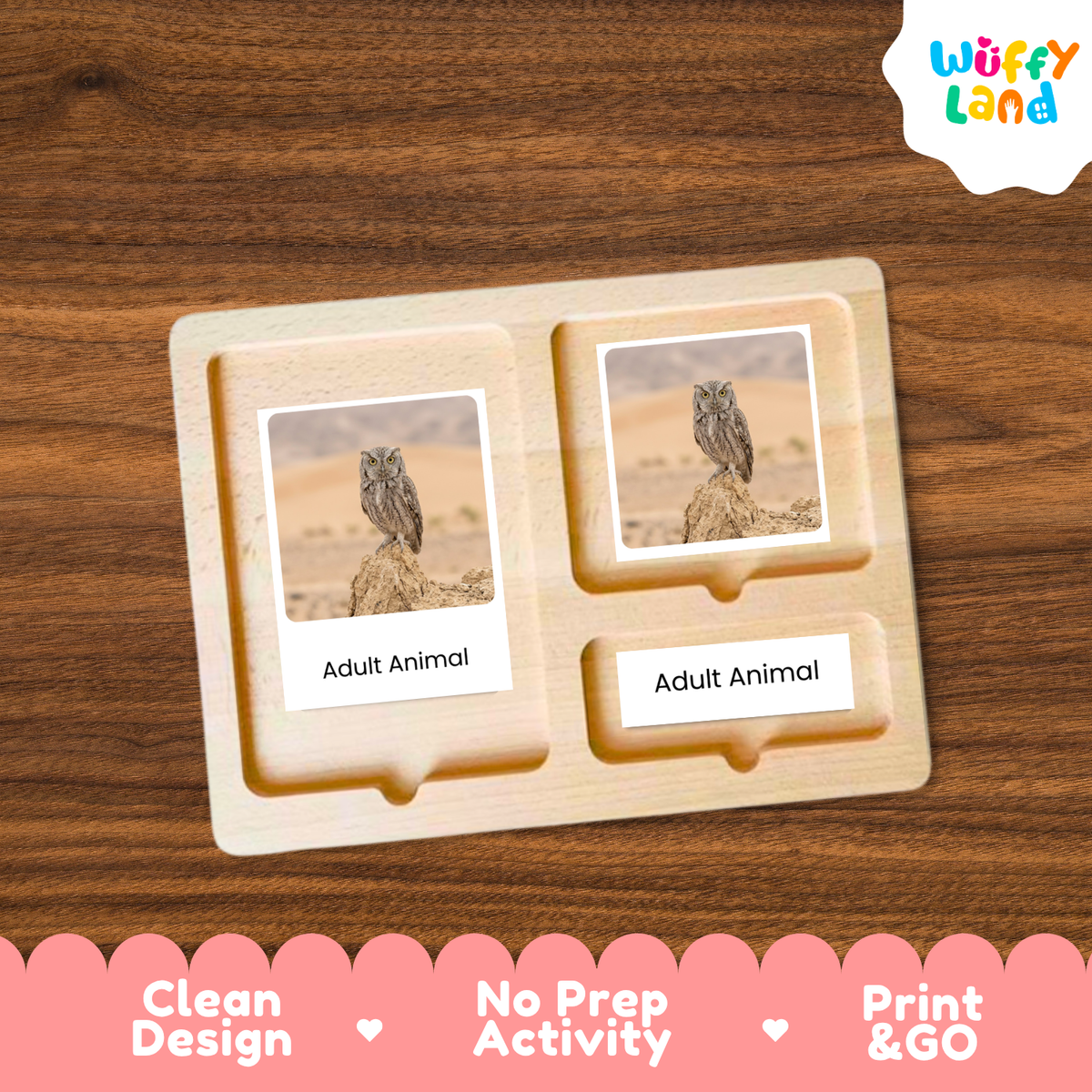 A wooden activity board with two labeled slots reading 'Adult Animal' and printed owl photos, shown on a wood-grain background. A 'Wuffy Land' logo appears in the top right, and a pink banner at the bottom reads 'Clean Design', 'No Prep Activity', and 'Print & GO'.