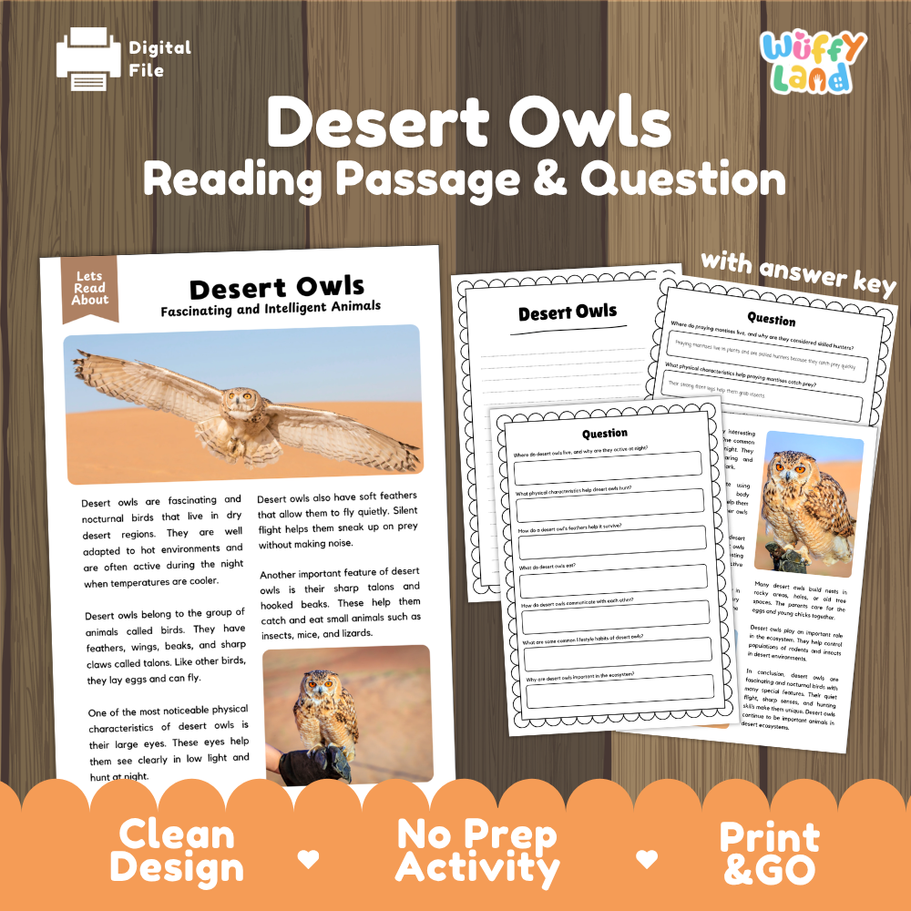 Desert Owls Reading Passage and Comprehension Questions Worksheets with Answer Key