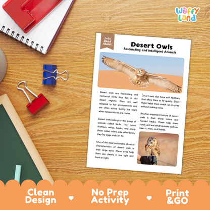 Desert Owls Reading Passage and Comprehension Questions Worksheets with Answer Key