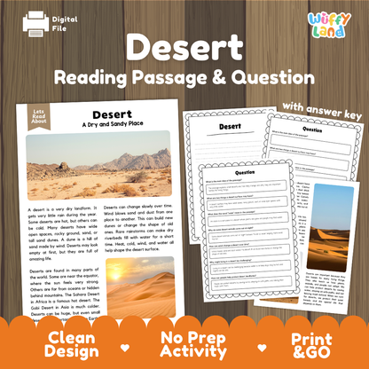 Desert Reading Passage and Comprehension Questions Worksheets Landforms
