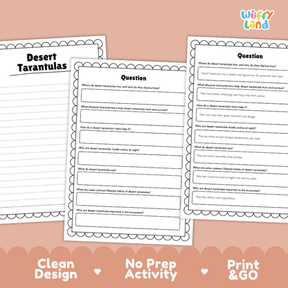 Three printable worksheet pages about desert tarantulas arranged on a peach background with the text 'Clean Design', 'No Prep Activity', and 'Print & GO'. The worksheets have black text, white paper-like pages with scalloped borders, and printed headings including 'Desert Tarantulas' and 'Question'.