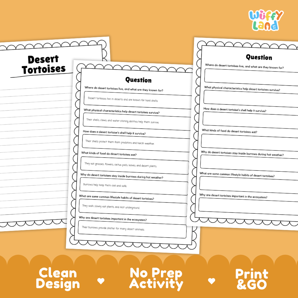 Desert Tortoise Reading Passage and Comprehension Questions Worksheets