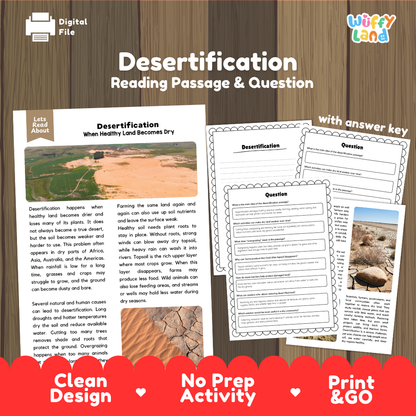 Desertification reading comprehension passage and questions printable activity pack with answer key for elementary students