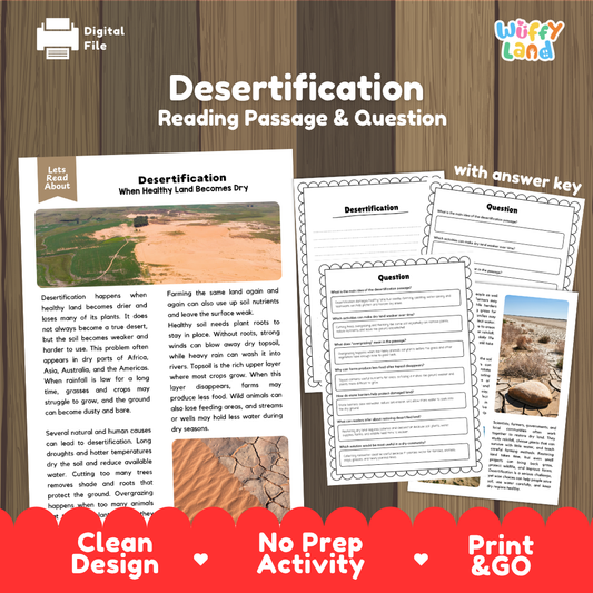 Desertification reading comprehension passage and questions printable activity pack with answer key for elementary students