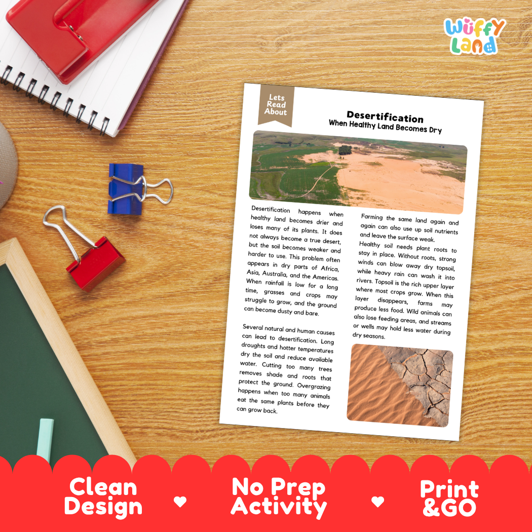 Student reading comprehension worksheet with short-answer questions and lined sections about desertification