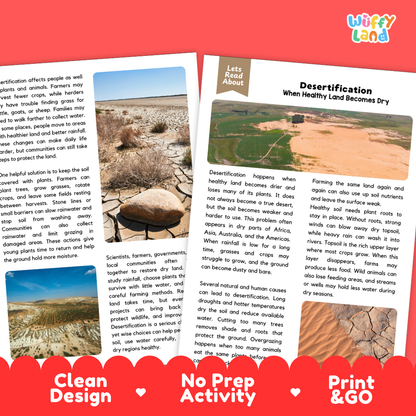 Teacher answer key page showing complete question solutions for Desertification environmental science reading comprehension practice