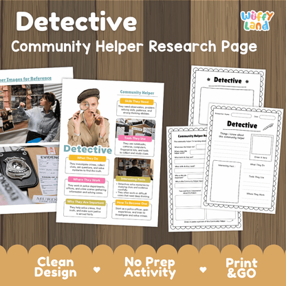 Detective community helper research page writing worksheets pack featuring real photos and student activity pages for elementary social studies