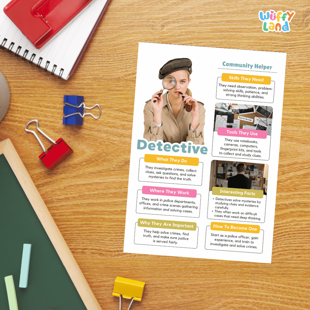 Guided student writing worksheets with lined sections for recording facts and a dedicated box for drawing or pasting a picture of a detective