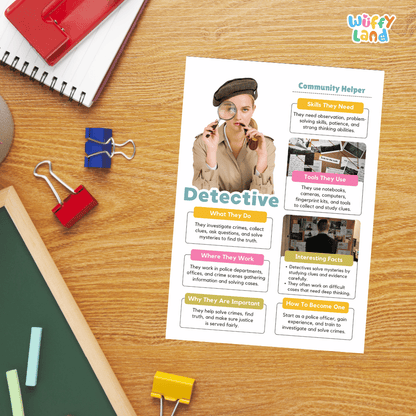 Guided student writing worksheets with lined sections for recording facts and a dedicated box for drawing or pasting a picture of a detective