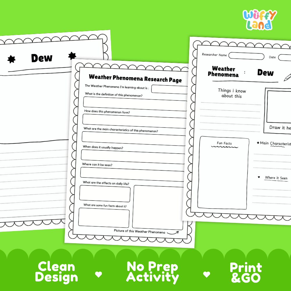 Dew Weather Phenomena Research Worksheets and Informational Fact Sheets