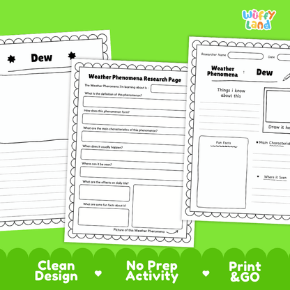 Dew Weather Phenomena Research Worksheets and Informational Fact Sheets