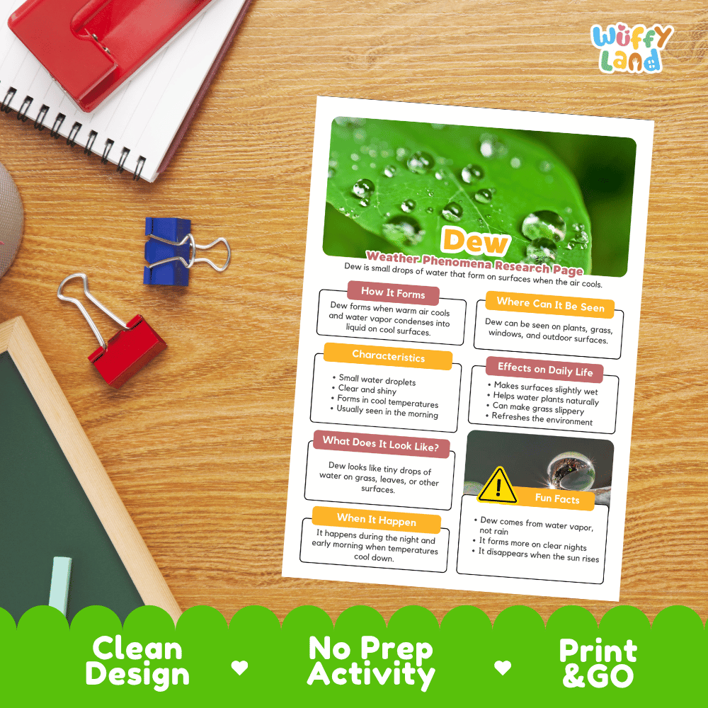 Dew Weather Phenomena Research Worksheets and Informational Fact Sheets