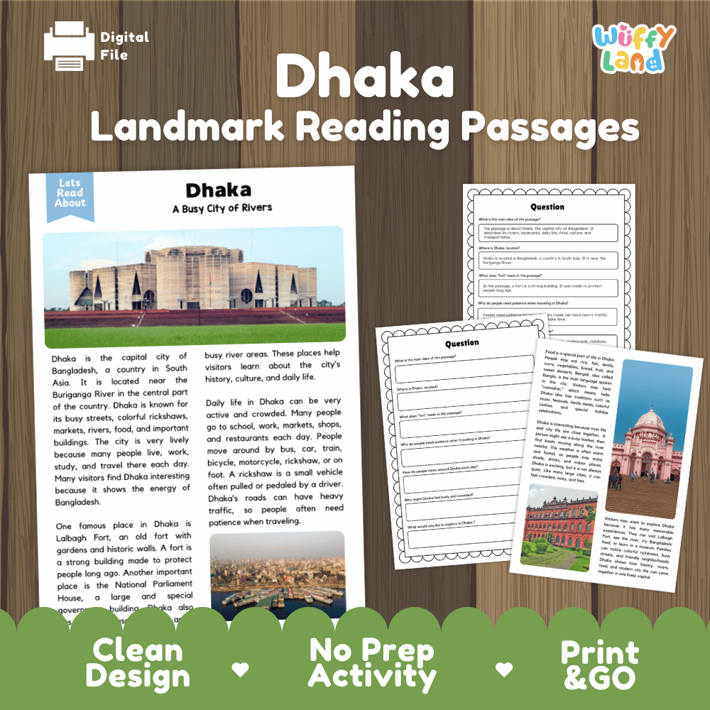 Dhaka landmark reading passage and comprehension worksheet educational unit featuring nonfiction text and authentic Bangladeshi architecture photography