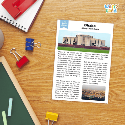 Lined reading comprehension question worksheet covering main ideas vocabulary terms and landmark facts about Dhaka Bangladesh