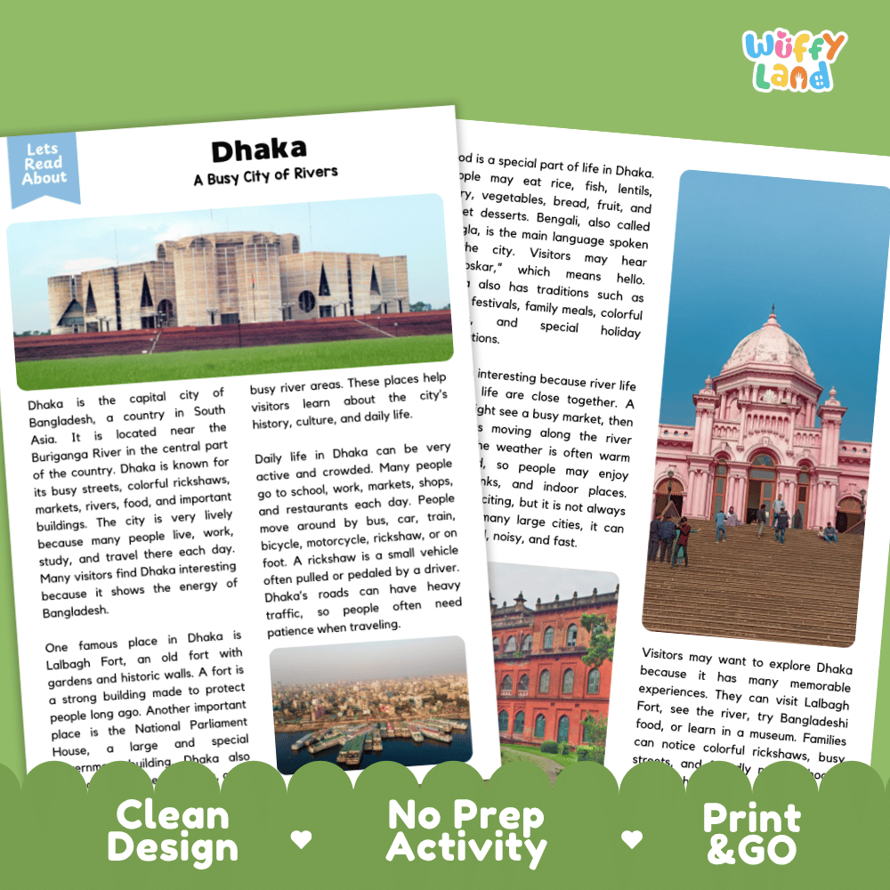 Reference sheet and answer key for Dhaka landmark reading passage displaying completed comprehension answers and South Asian geography facts