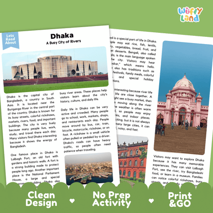 Reference sheet and answer key for Dhaka landmark reading passage displaying completed comprehension answers and South Asian geography facts