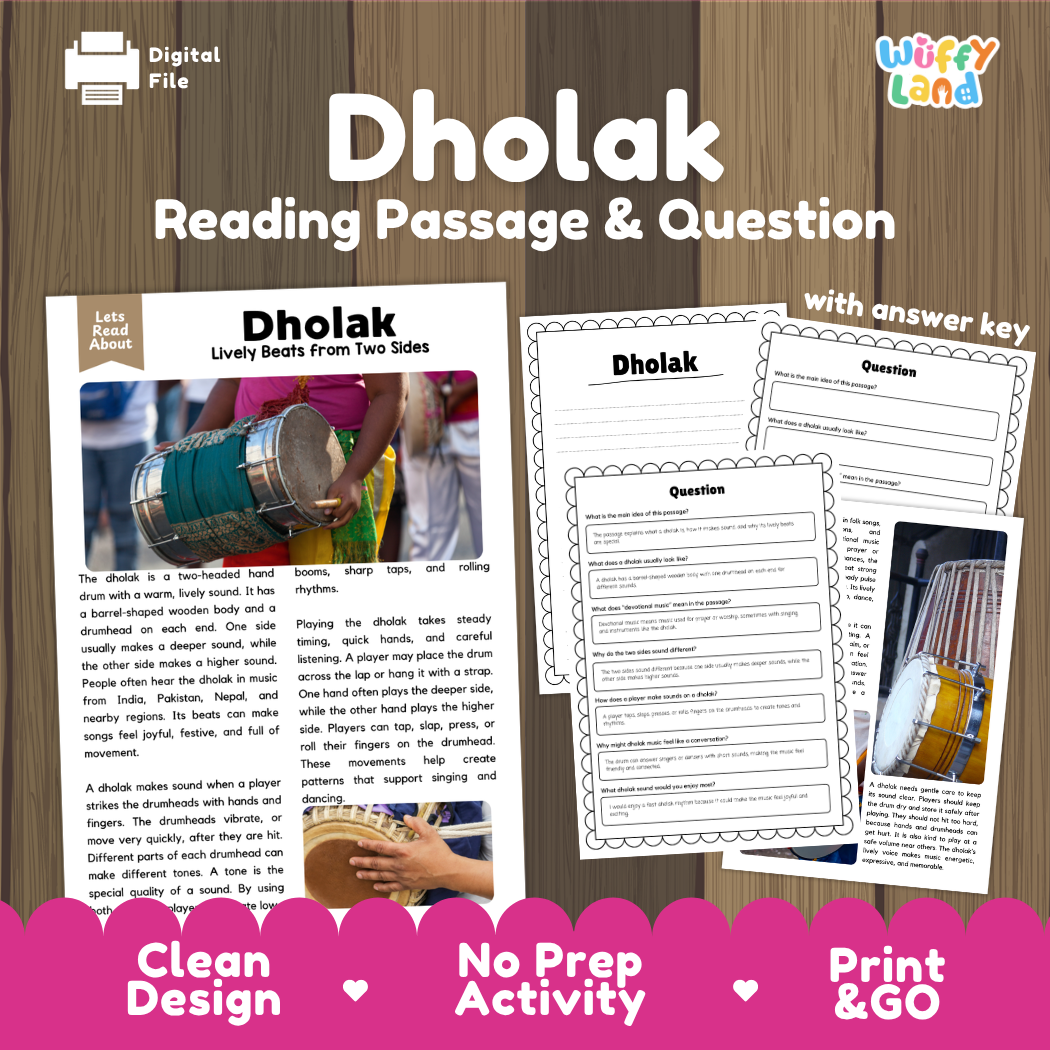 Dholak reading comprehension passage and questions printable activity pack with answer key for elementary students