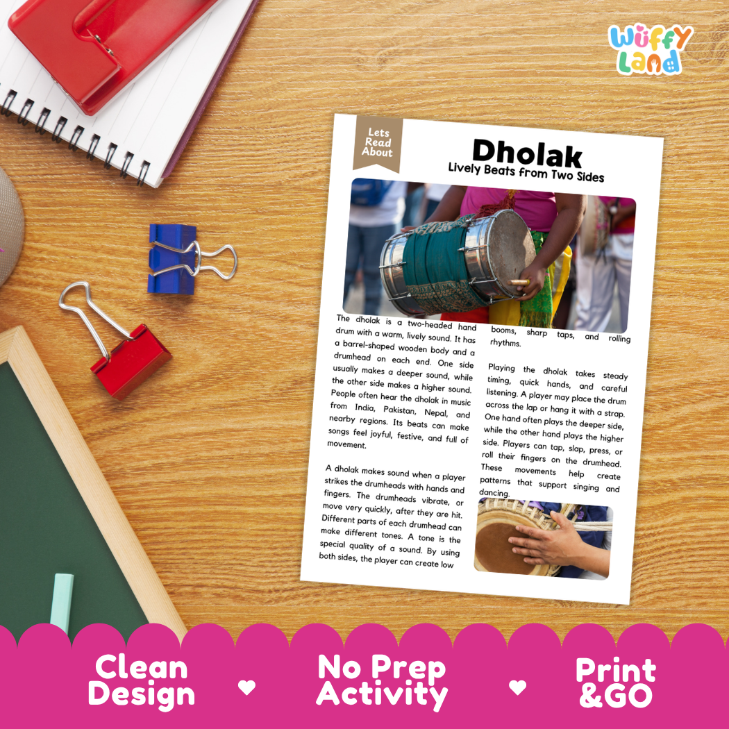 Student reading comprehension worksheet with short-answer questions and lined sections about the dholak instrument