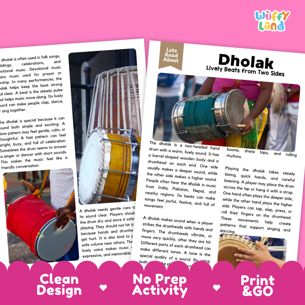 Teacher answer key page showing complete question solutions for Dholak music education reading comprehension practice