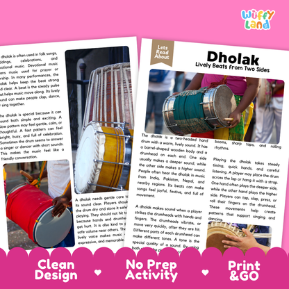 Teacher answer key page showing complete question solutions for Dholak music education reading comprehension practice