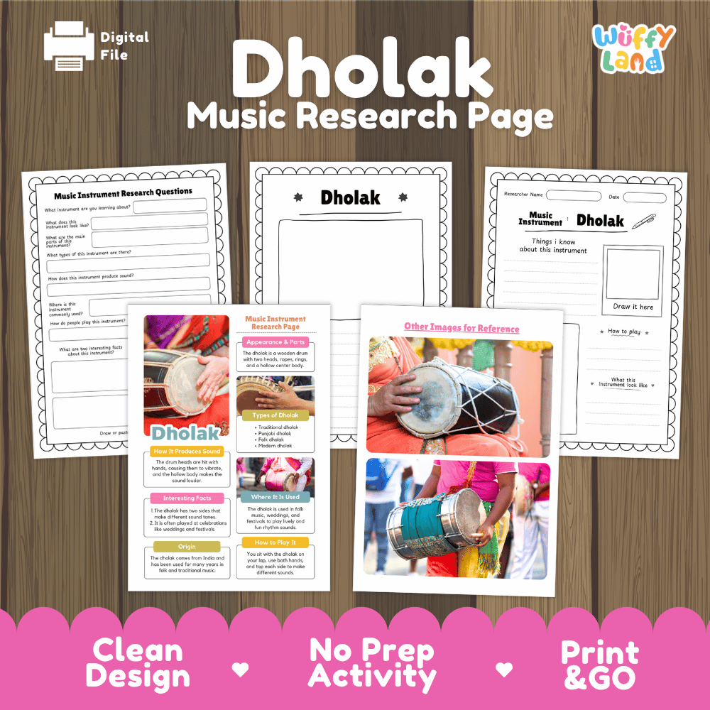 Dholak Music Research Page Worksheets and Fact Sheet
