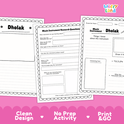 Dholak Music Research Page Worksheets and Fact Sheet