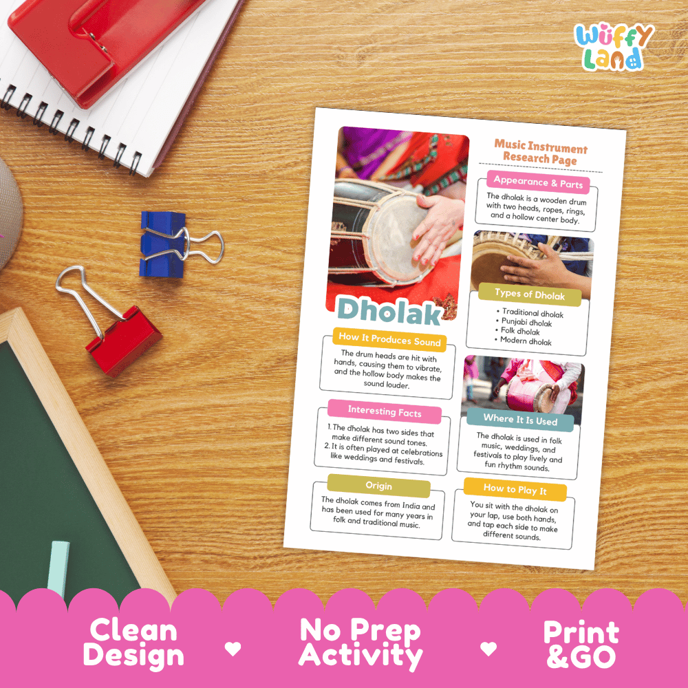 Dholak Music Research Page Worksheets and Fact Sheet