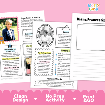Two printable educational activity sheets for teaching about Diana Princess of Wales, shown on a pink background with the text 'Wiffy land' and 'Clean Design No Prep Activity Print & GO'. The left sheet features a biography layout with a portrait, text boxes, and a timeline.
