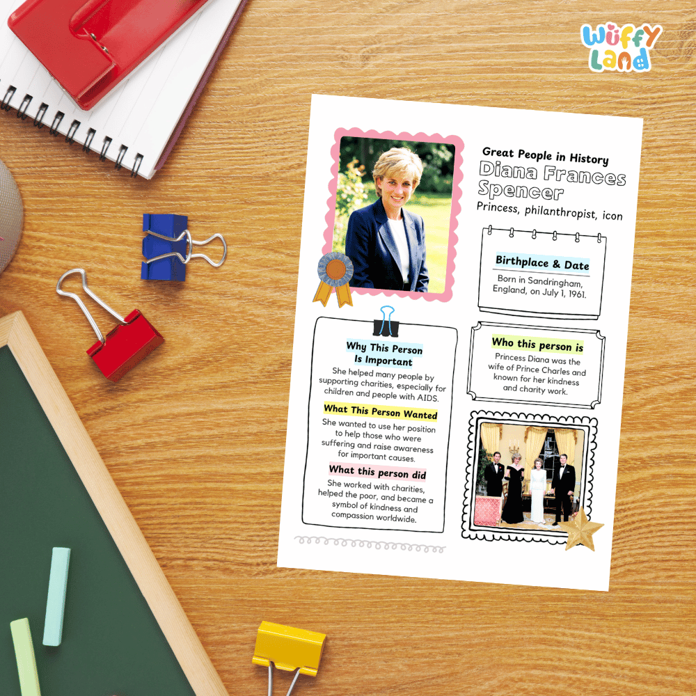 A children's educational worksheet titled 'Great People in History: Diana Frances Spencer' laid flat on a wooden desk with school supplies around it, including a red notebook, blue and red binder clips, chalk, and a green board. The worksheet features a photo of Diana, text boxes, and small printed images, and is branded 'wiffy land' in the top right corner.