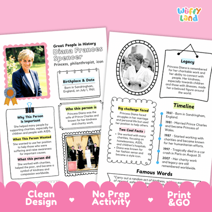 Two printable educational activity sheets about Princess Diana Spencer, shown on a pink background with the text 'Clean Design', 'No Prep Activity', and 'Print & Go'. The left sheet includes a portrait photo, text boxes, and a star-shaped border.