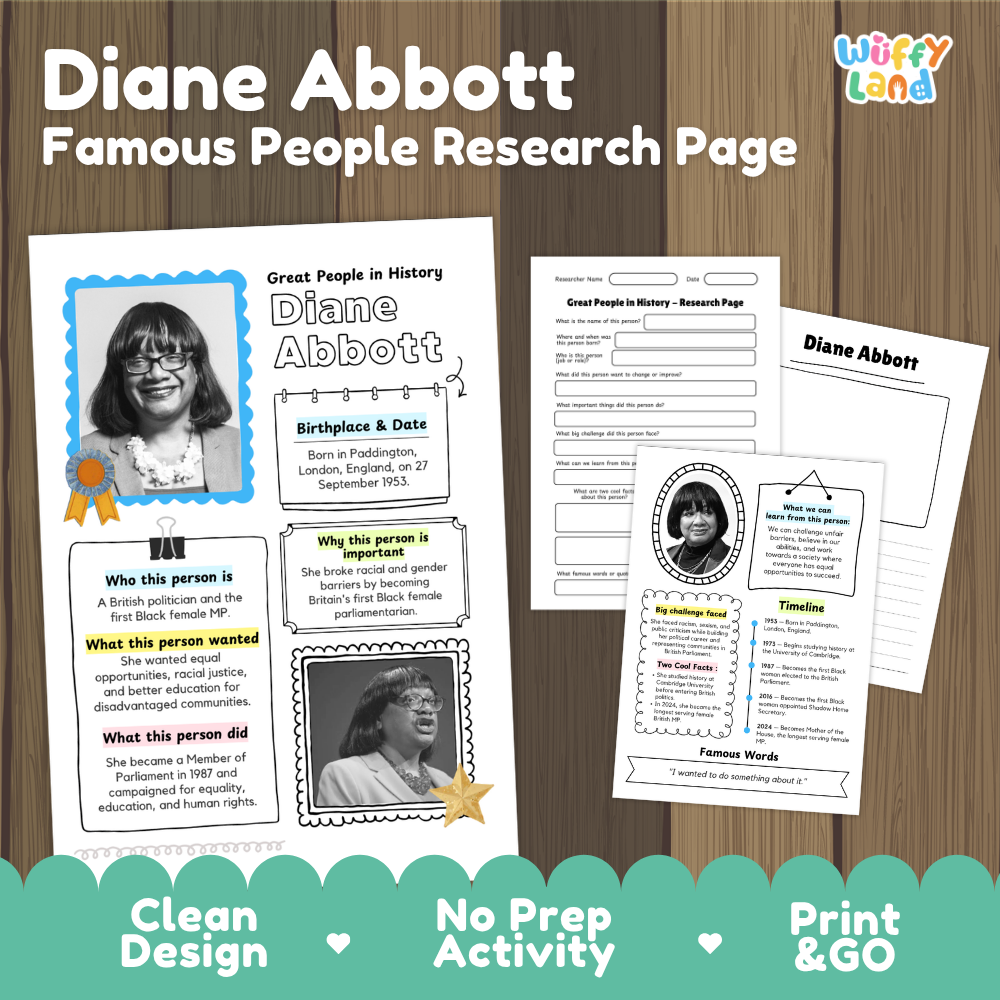 Diane Abbott famous people research page cover showing printable biographical worksheets, summary cards, and timelines