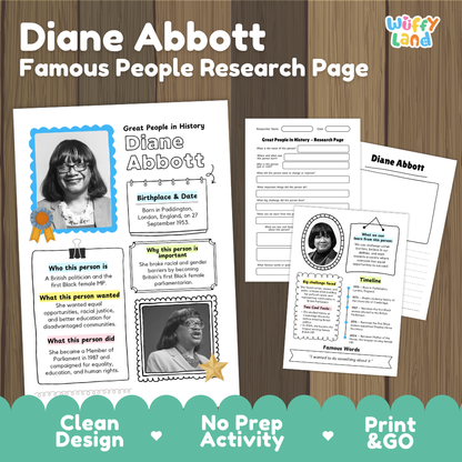 Diane Abbott famous people research page cover showing printable biographical worksheets, summary cards, and timelines