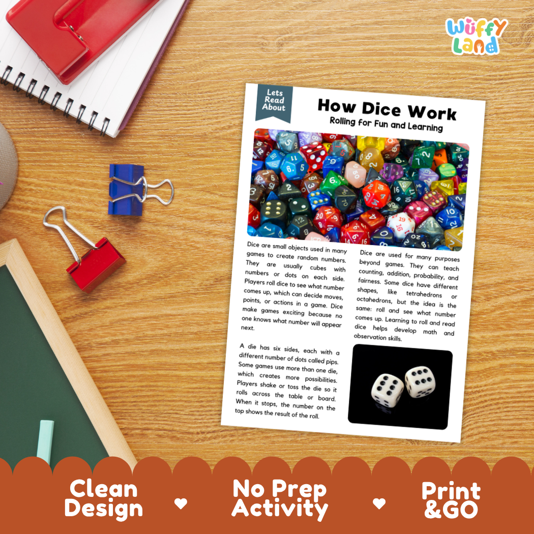 Printable student worksheet with short-answer reading comprehension questions covering dice and math
