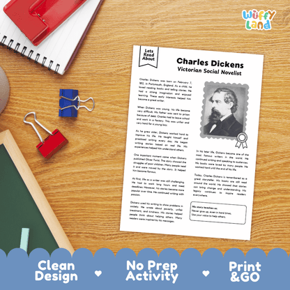 Elementary reading comprehension question worksheet and teacher answer key covering facts about Charles Dickens