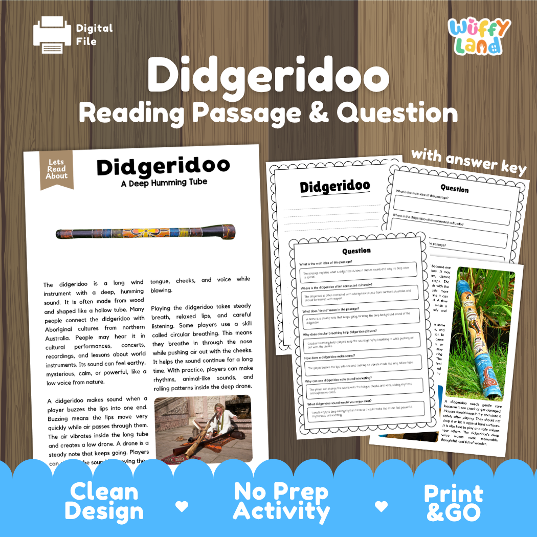 Didgeridoo reading comprehension passage and questions printable activity pack with answer key for elementary students