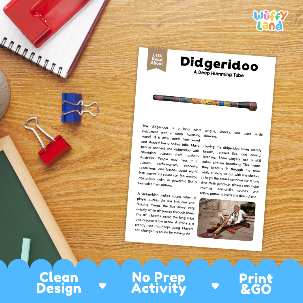 Student reading comprehension worksheet with short-answer questions and lined sections about the didgeridoo instrument