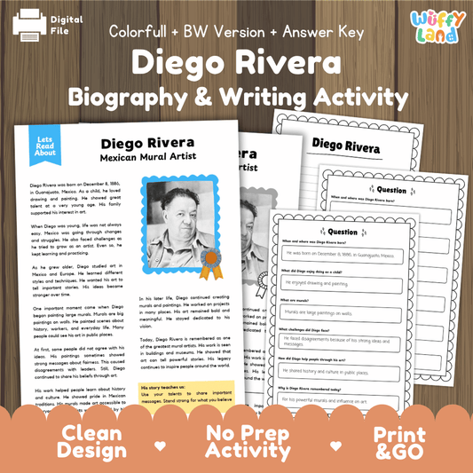 Diego Rivera biography reading comprehension worksheets with nonfiction passage, comprehension questions, writing activity and answer key for students