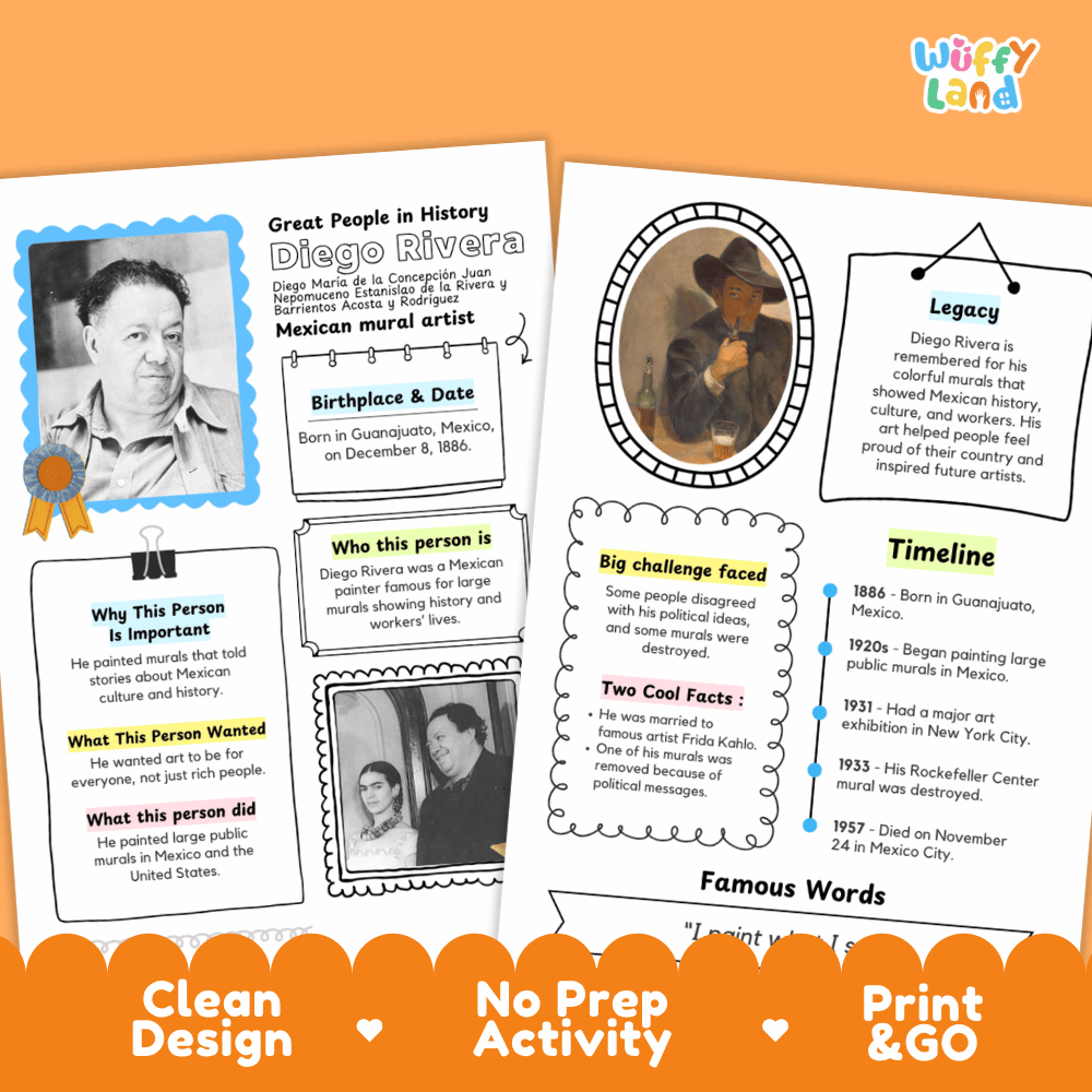 Two educational activity sheets about Diego Rivera displayed on a white background with decorative orange banners at the bottom. The sheets contain text boxes, timelines, and small portrait photos, and the brand name 'wiffyi land' appears in the top right corner.