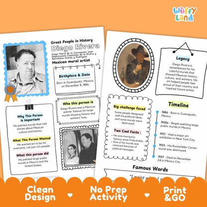 Two educational activity sheets about Diego Rivera displayed on a white background with decorative orange banners at the bottom. The sheets contain text boxes, timelines, and small portrait photos, and the brand name 'wiffyi land' appears in the top right corner.