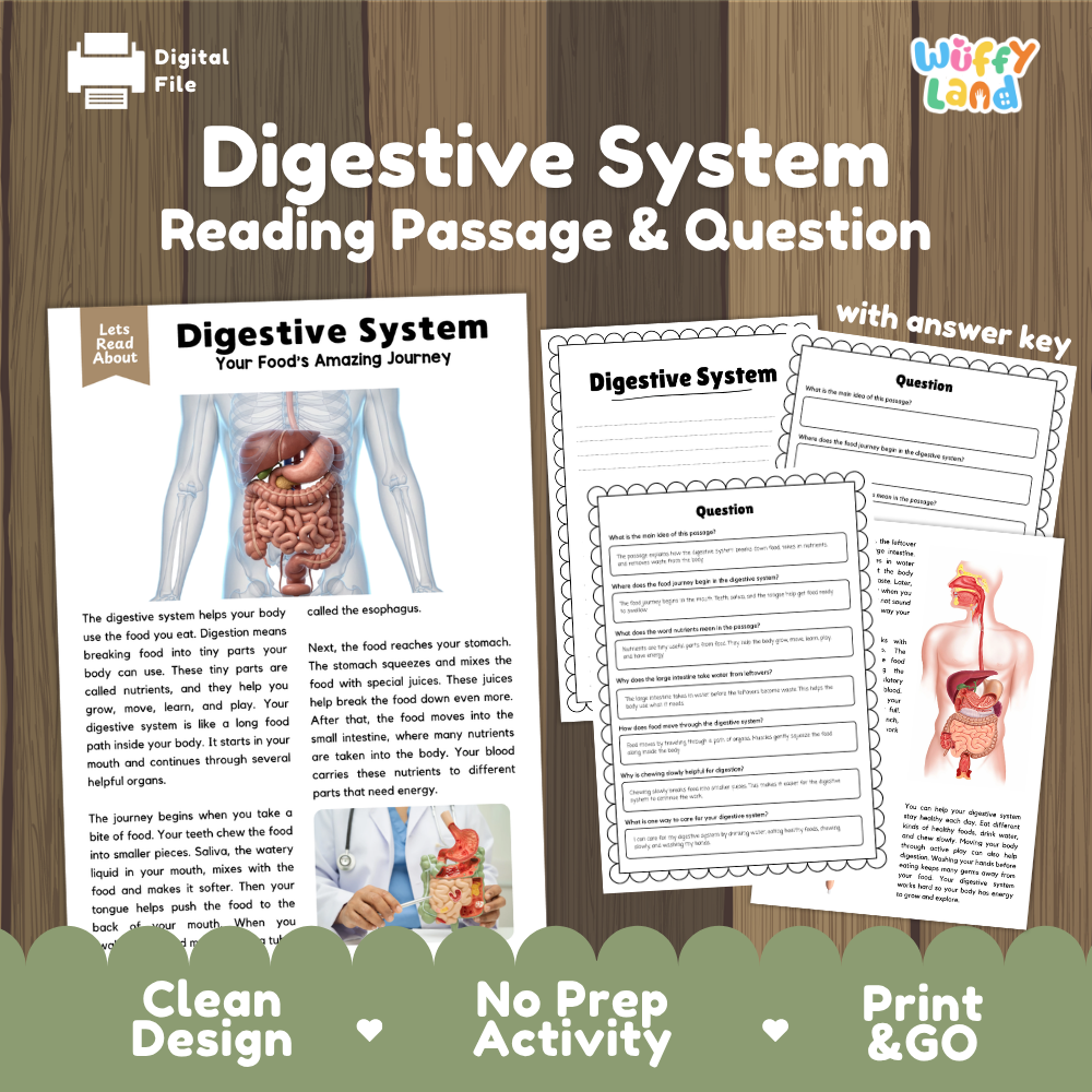 Digestive system reading comprehension passage and questions printable activity pack with answer key for elementary students