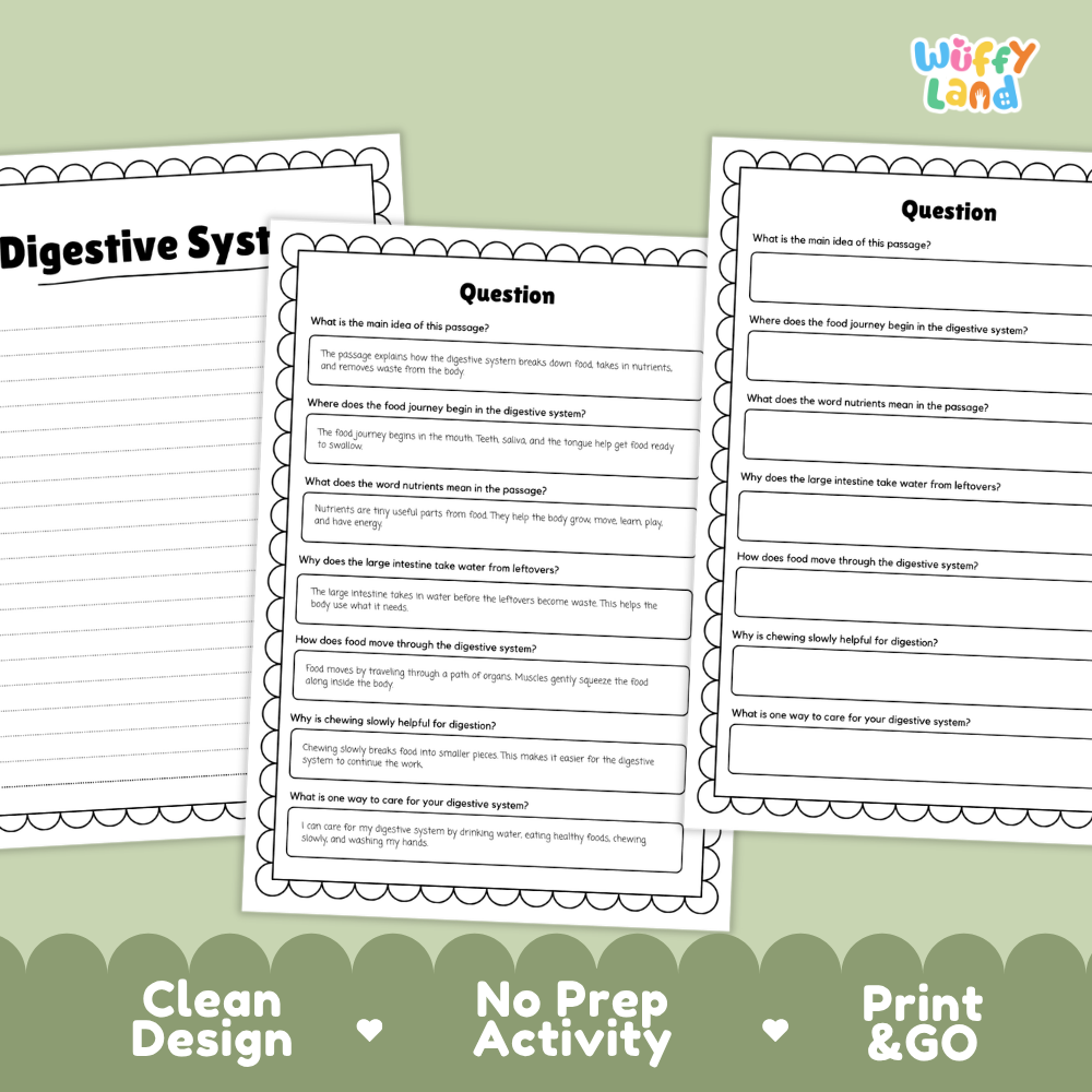 Informational reading passage page detailing the digestive system mouth stomach intestines nutrients and care with diagrams