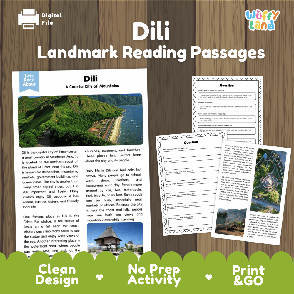 Dili landmark reading passage and comprehension worksheet educational unit featuring nonfiction text and authentic Timorese coastal mountain photography